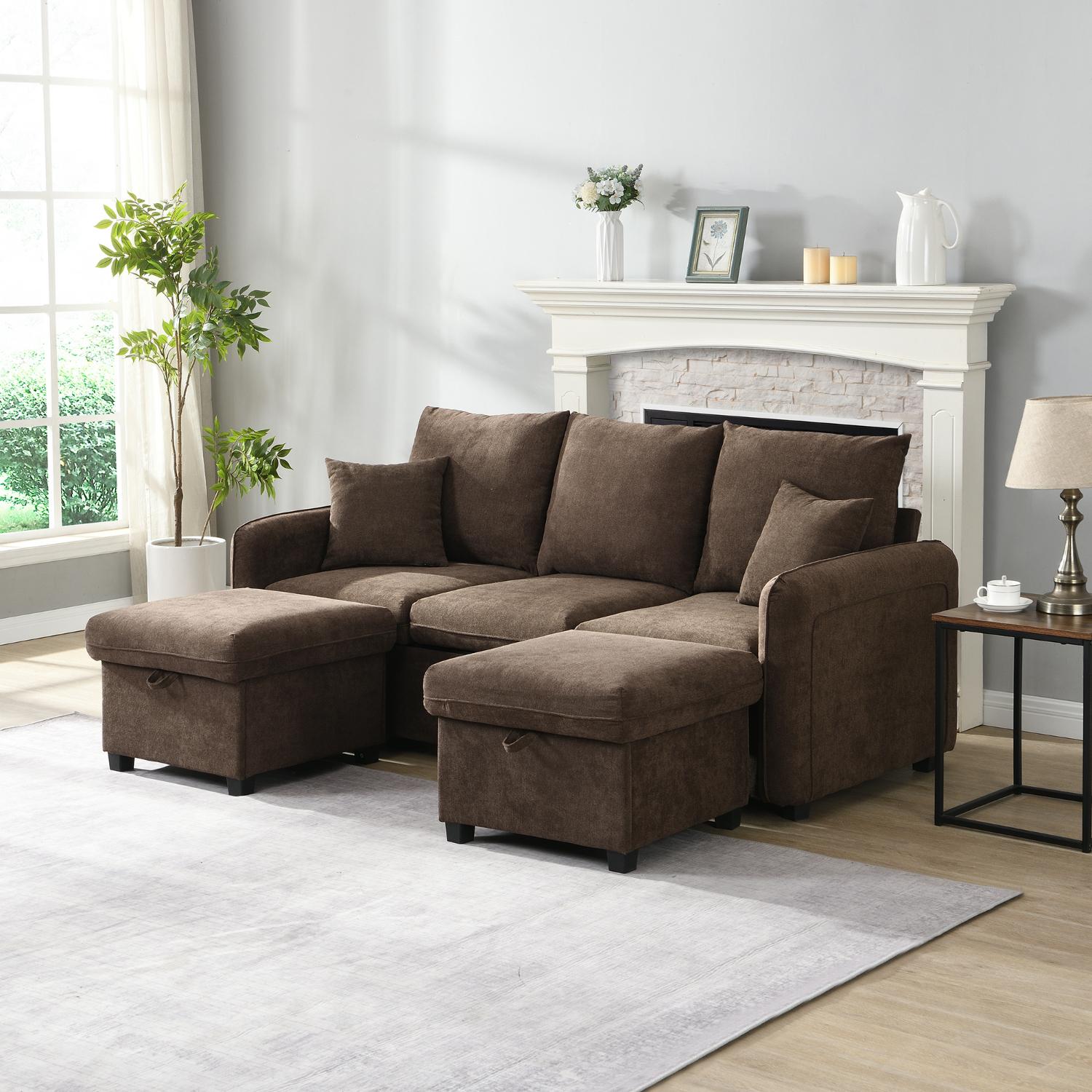 Wielofunkcyjna narożna sofa w kształcie litery U z 3 miejscami do siedzenia, schowkiem, ukrytymi szufladami, modułowymi pufami, miękkim pokryciem z