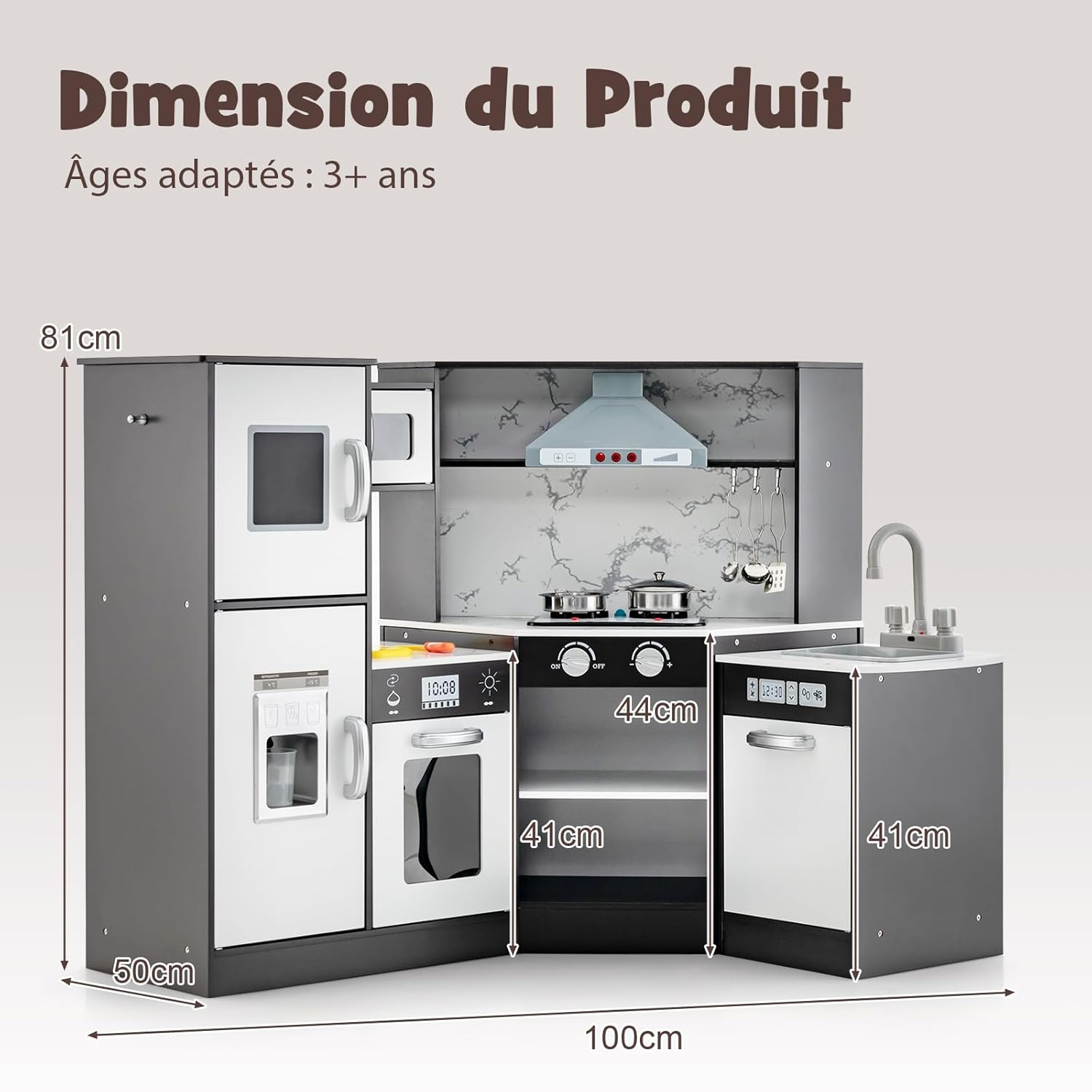 Cuisine Enfant, Cuisine d’Angle avec Tableau Noir, Hotte, Jouet de Cuisine en Bois avec Effets Lumineux et Sonores, Cadeau pour Enfant 3+ Ans (Café) - 9