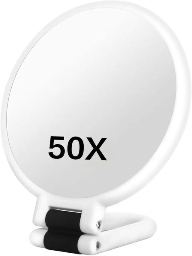 Miroir grossissant 50x, miroir de maquillage double face avec poignée réglable à 360°, format portable/mural/à poser, blanc, décoration d'intérieur