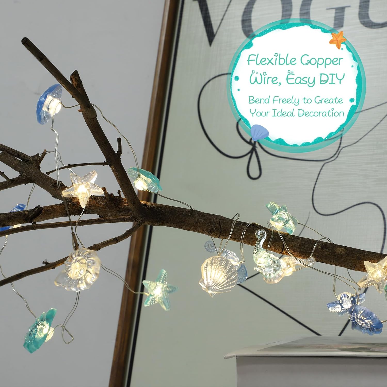 Łańcuch świetlny LED 3M, wzór zwierząt morskich, 20 diod LED, dekoracja żeglarska, zasilanie USB, do użytku wewnątrz i na zewnątrz (ciepła biel) - 3