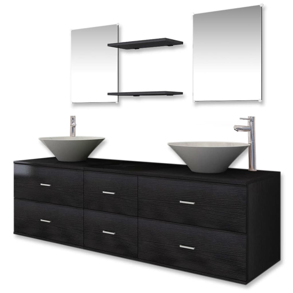 Meubles de salle de bain 9 pcs avec lavabo et robinet Noir - 2