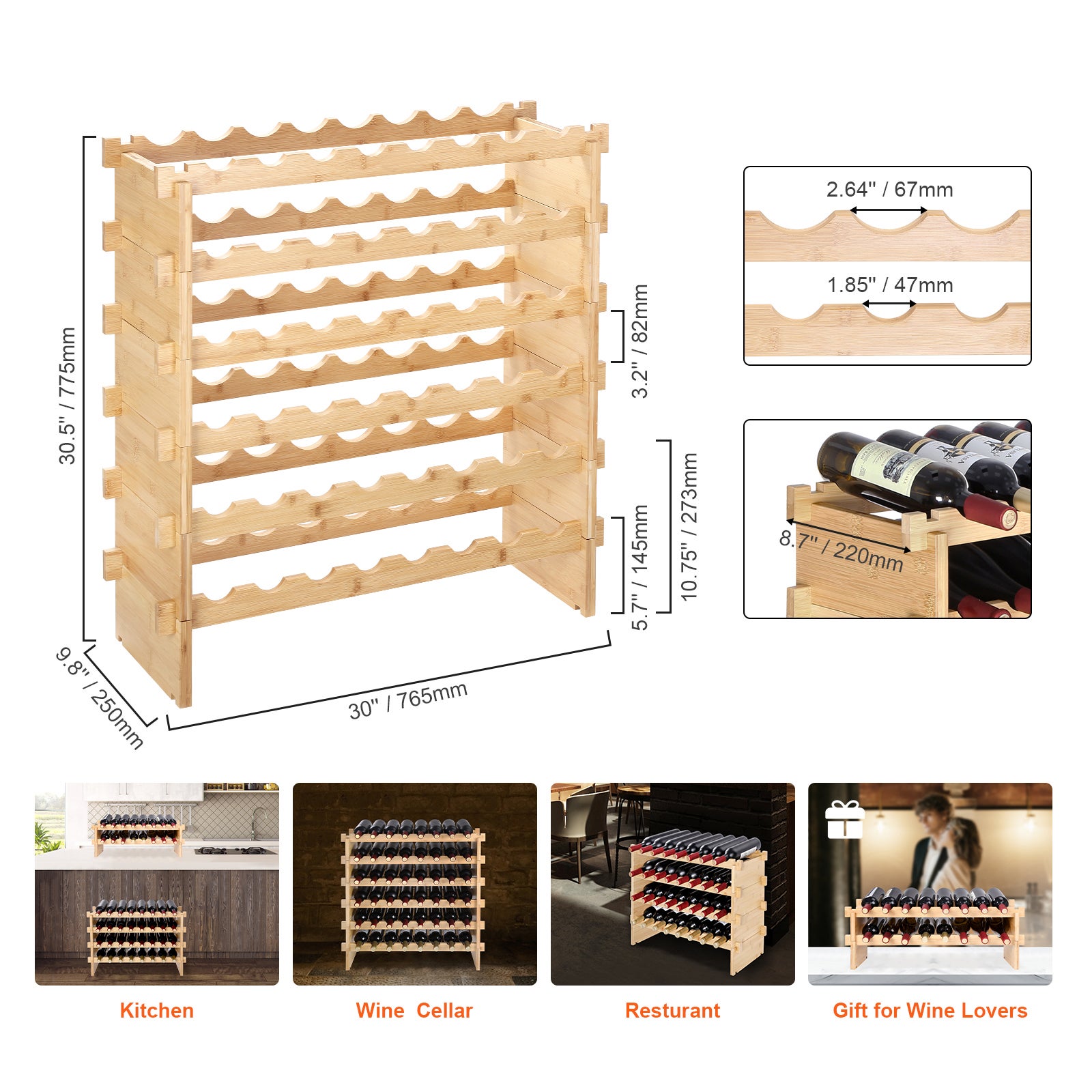 Botellero Modular Apilable SucceBuy, de Bambú, 6 Niveles para 48 Botellas, Estante de Presentación Elegante y Estable - 9