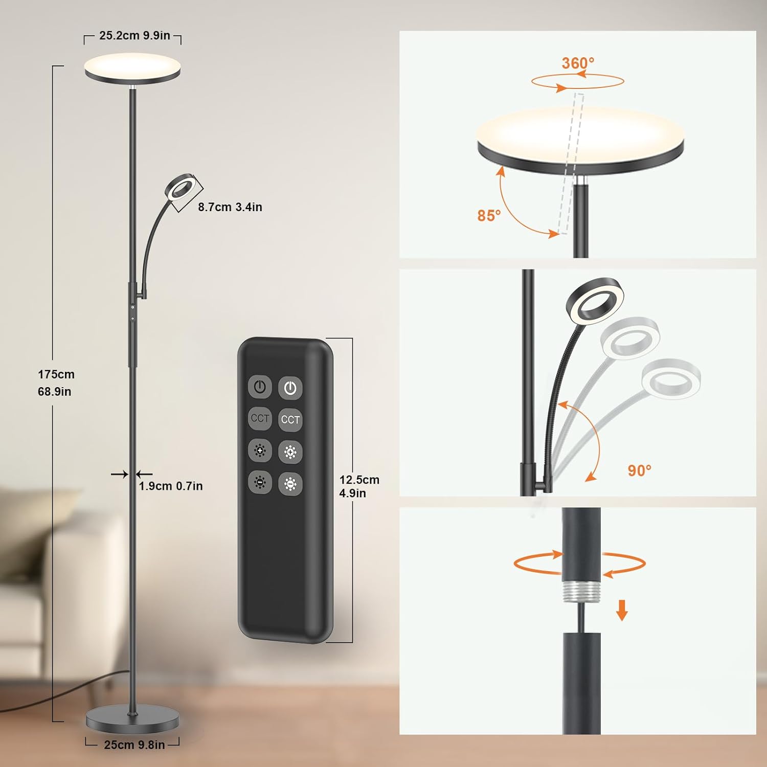 Amdelne Lampadaire LED, 30W+5W 2500LM, dimmable et contrôle des couleurs 3000K-6000K, avec télécommande magnétique Noir - 3