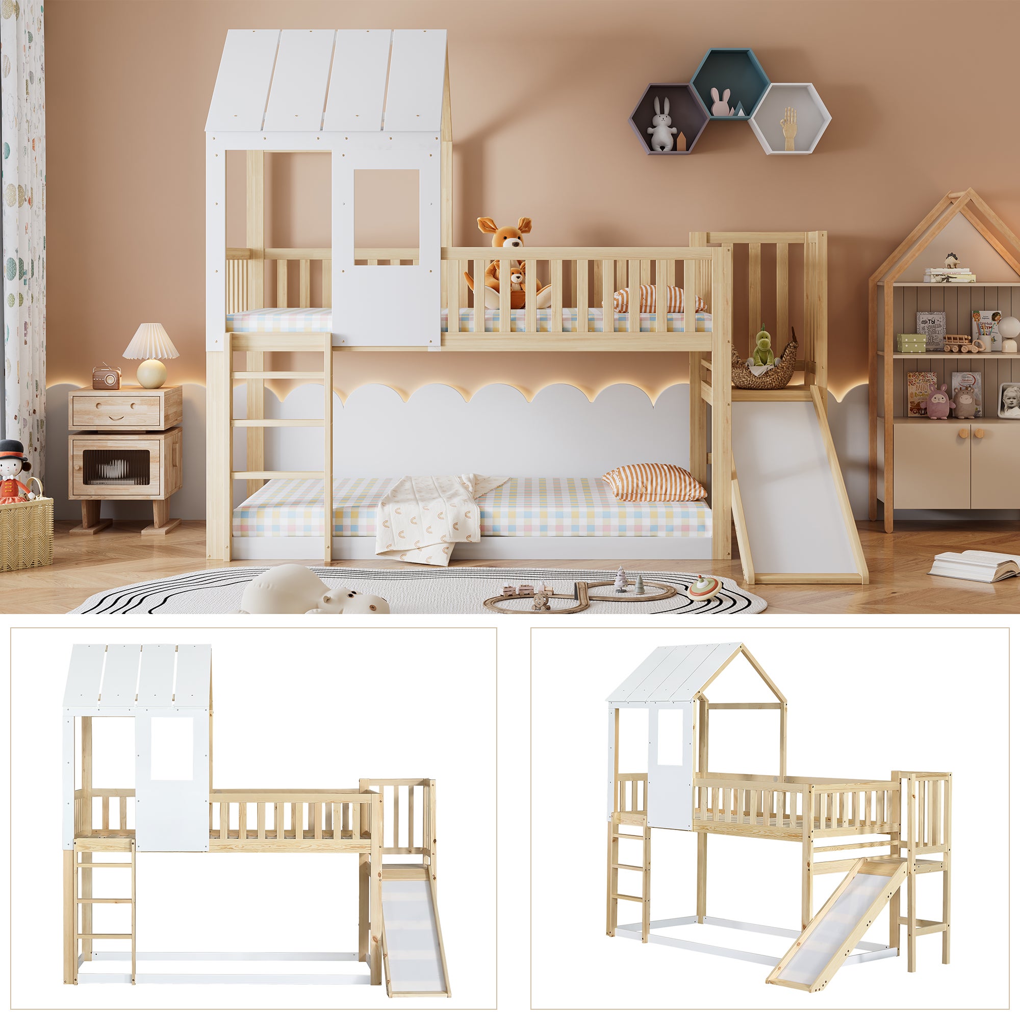 Lit Mezzanine Enfant 90x200cm avec toboggan, Lit superposé avec Cadre en Forme de Maison et Fenêtre, Blanc + Naturel - 5