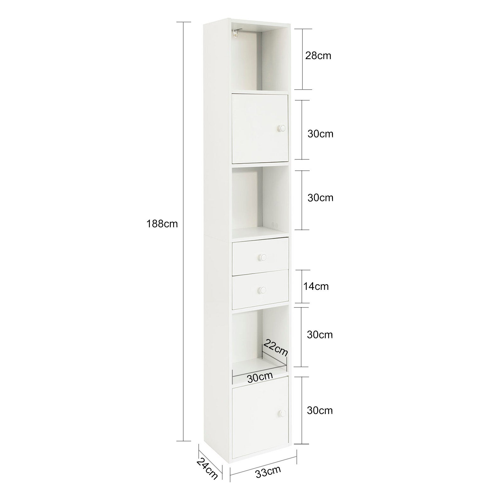 Mueble Columna de Baño Armario de Almacenamiento Armario Independiente con 2 Puertas y 2 Cajones Blanco 33x24x188cm STR10-W SoBuy ES - 2