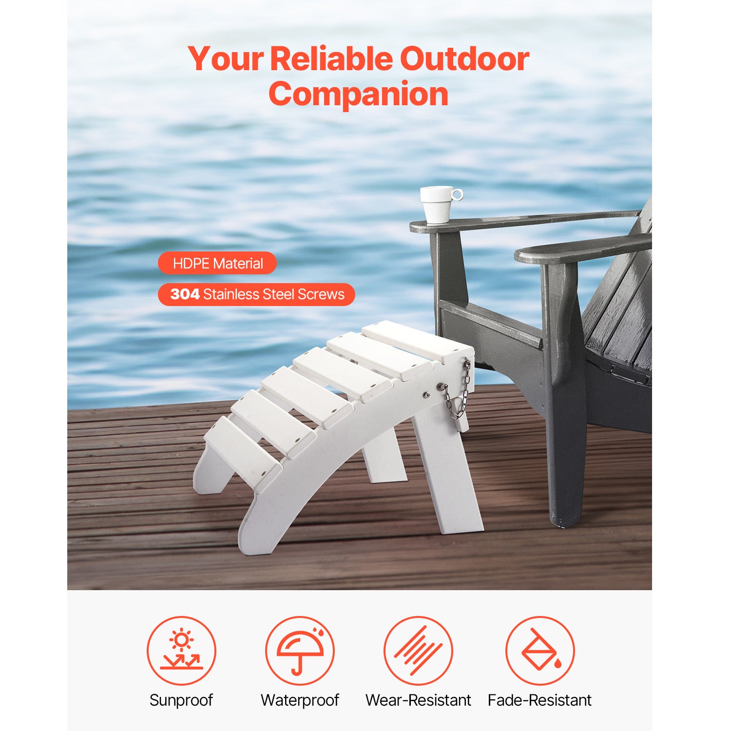 Pouf Adirondack pliable SucceBuy en PEHD, 45 × 50 × 35 cm, repose-pieds résistant aux intempéries pour véranda ou piscine, blanc - 4