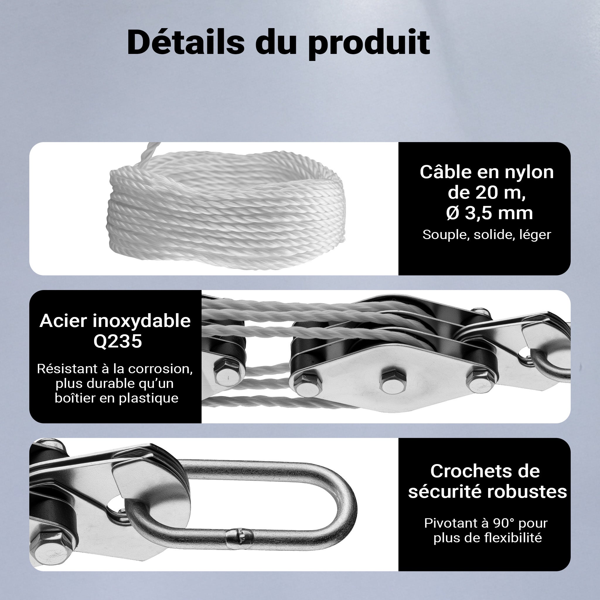 Palan manuel - Charge max. 180 kg - avec Câble Bowden universel de 20 m - Hauteur de levage max. 3 m - Treuil avec Poulie de XPOtool - 7