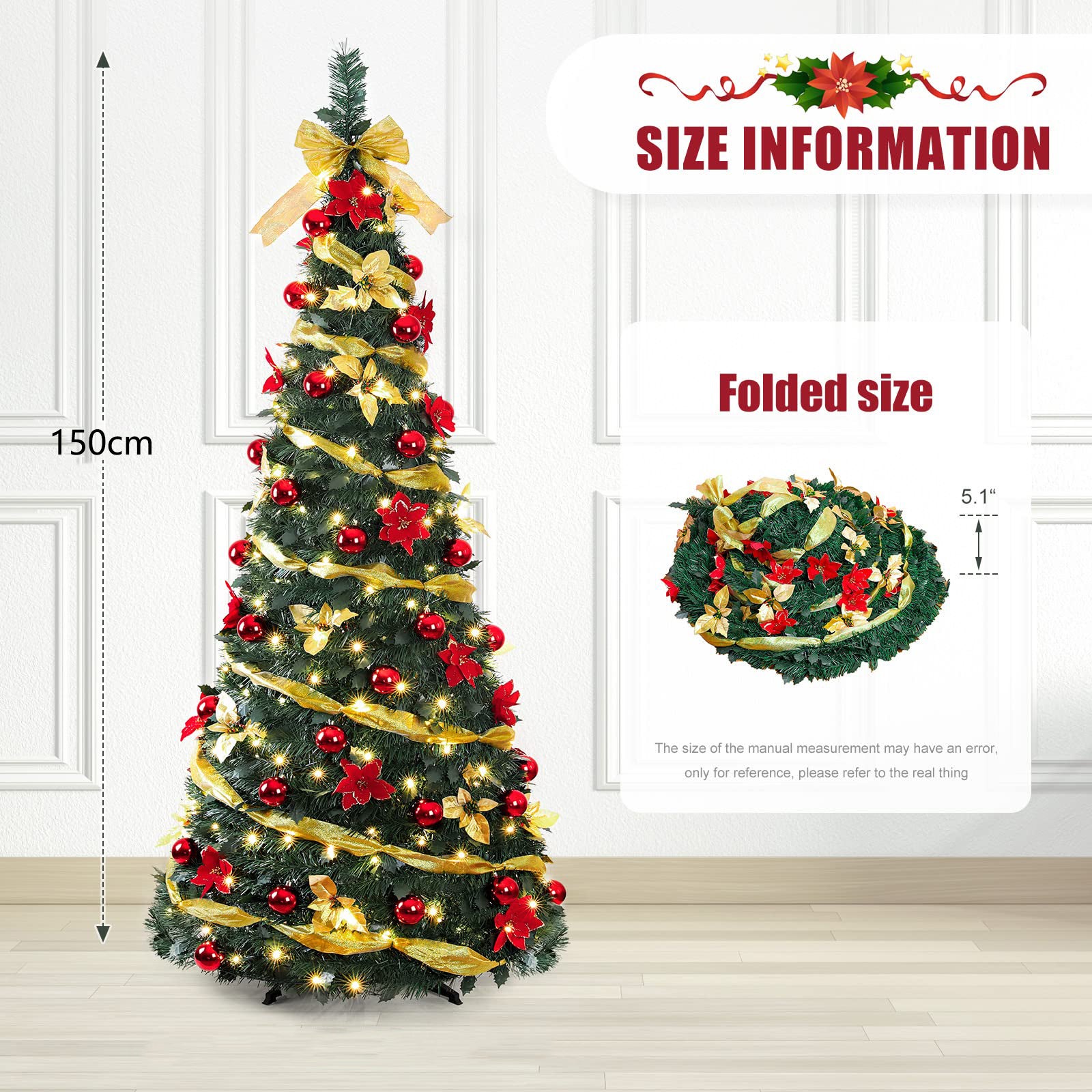 Sapin de Noël portable, sapin de Noël pliable pré-décoré, décorations de Noël pop-up, lumières LED aux tons chauds, 150 cm - 2