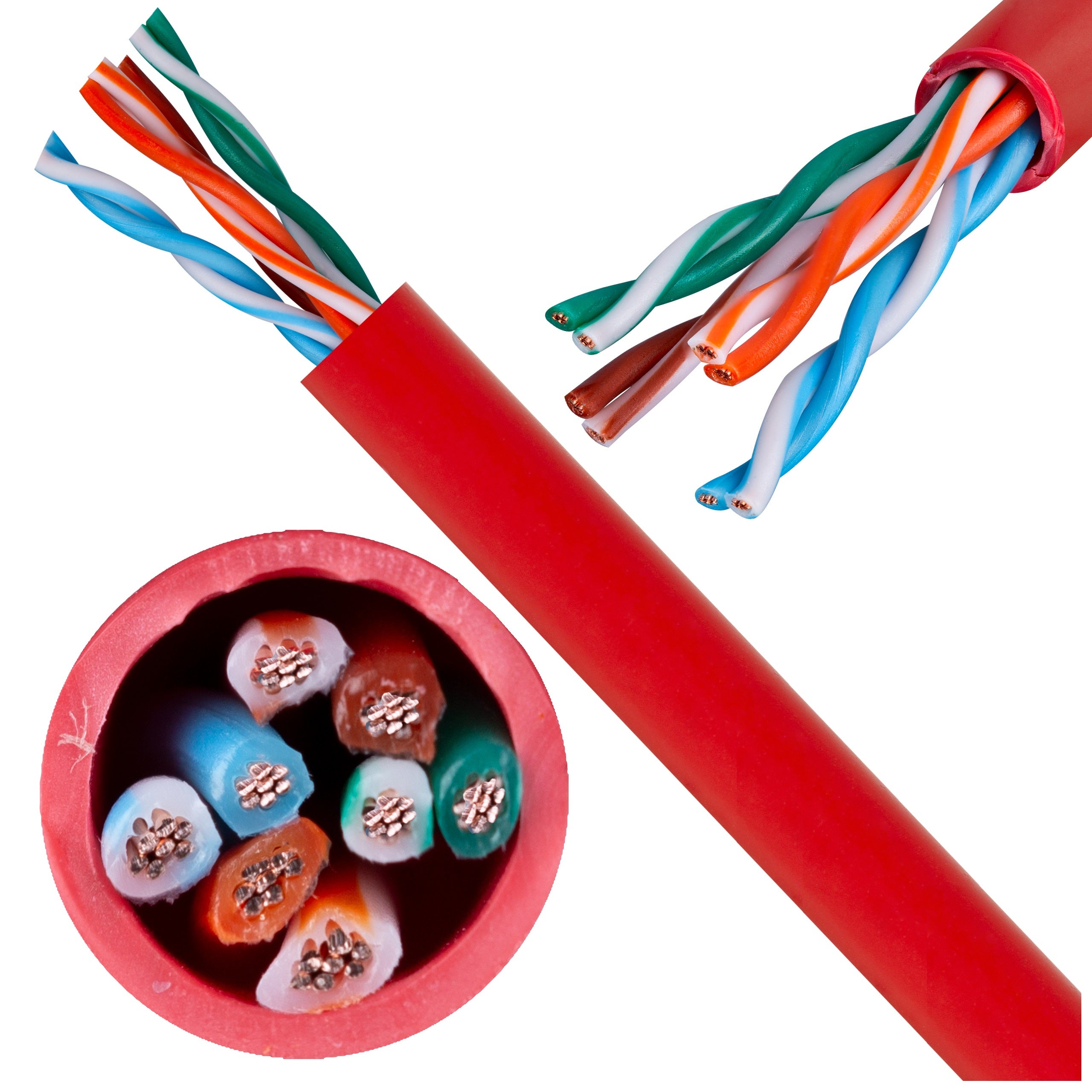 Kabel sieciowy U/UTP kat.5 skrętka 4x2x0,58mm wewnętrzny PVC czerwony linka Telegärtner 100m