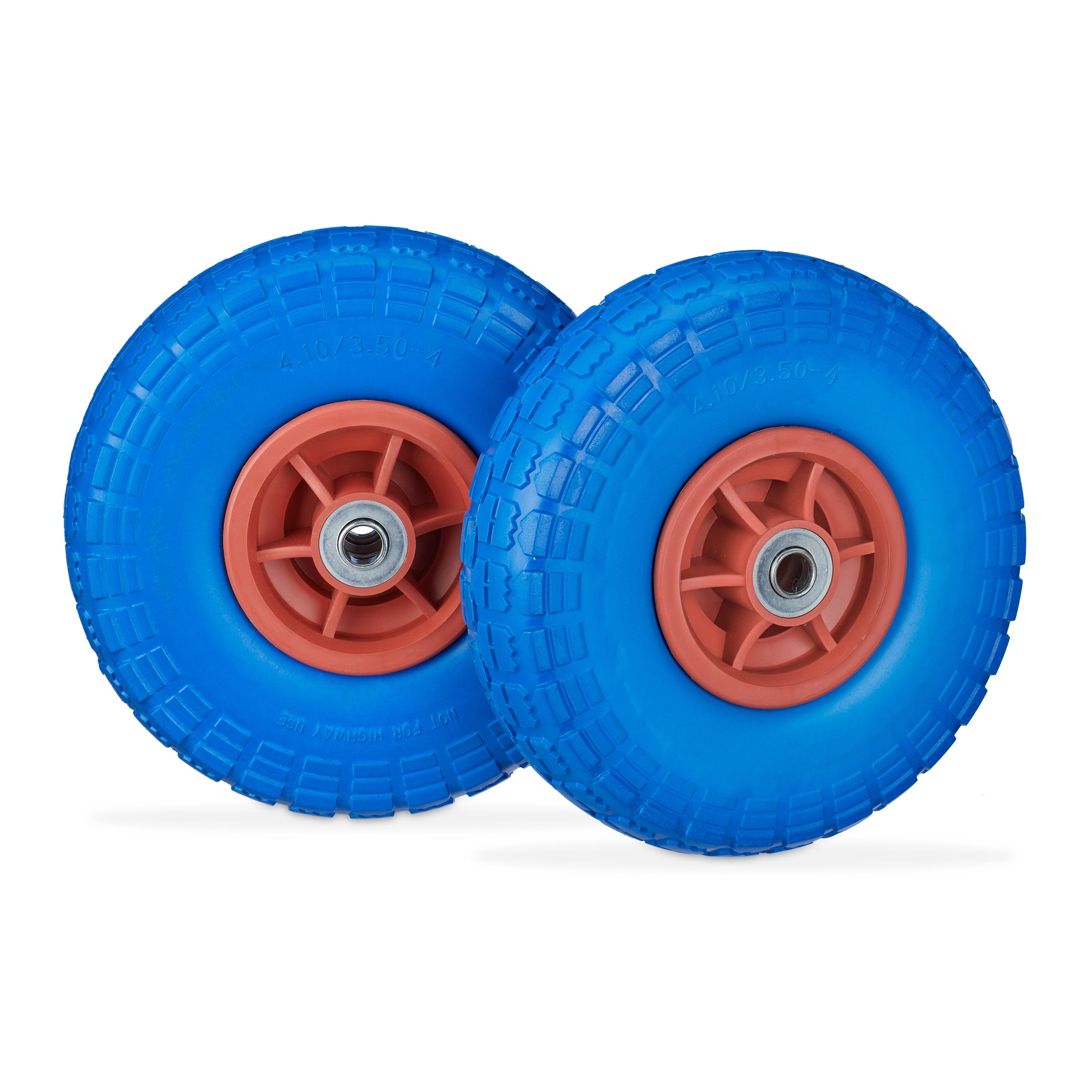 8 ruedas de carro, antipinchazos, macizas, 4.10/3.50-4, eje de 16 mm, hasta 150 kg, 260x85mm, azul y rojo