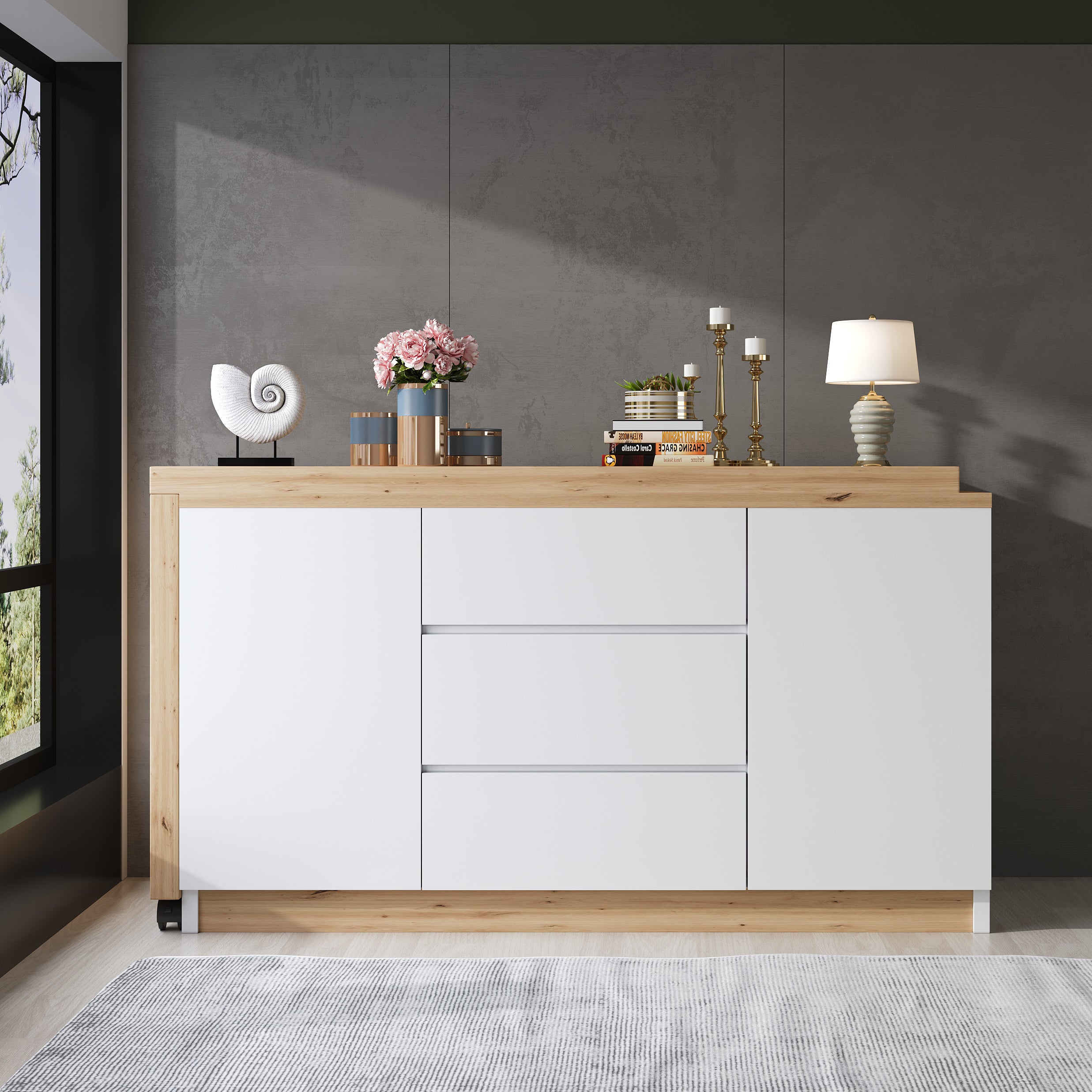 Biurko narożne z obrotowym blatem, 2 drzwiami i 3 szufladami - 120 x 50 x 76,5 cm - Płyta wiórowa - Biały + Dąb - 2
