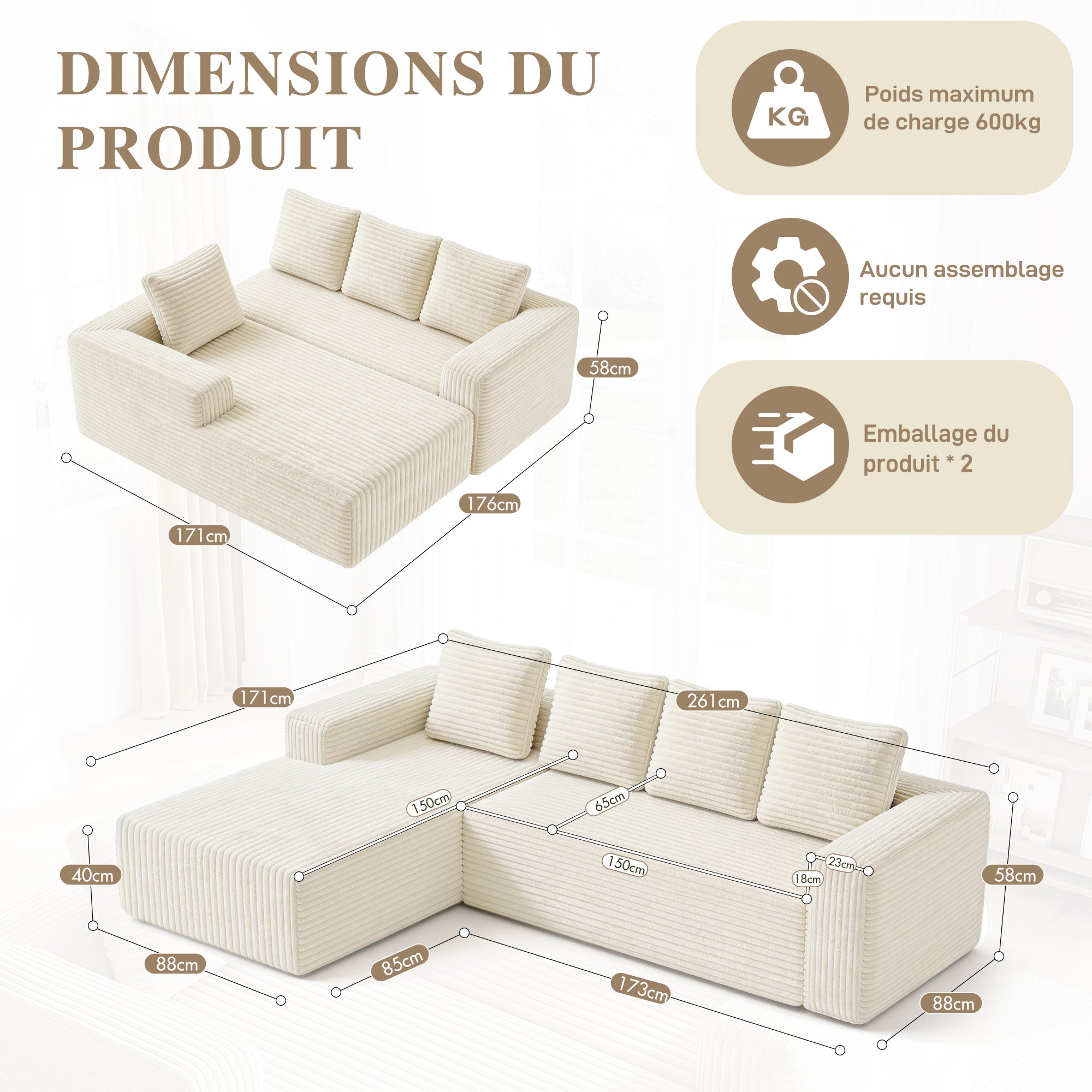 Canapé d'angle 4 places en L moderne, canapé modulable avec méridienne, en velours côtelé moelleux. 261x 168 x 58 cm Sans Assemblage, beige - 2