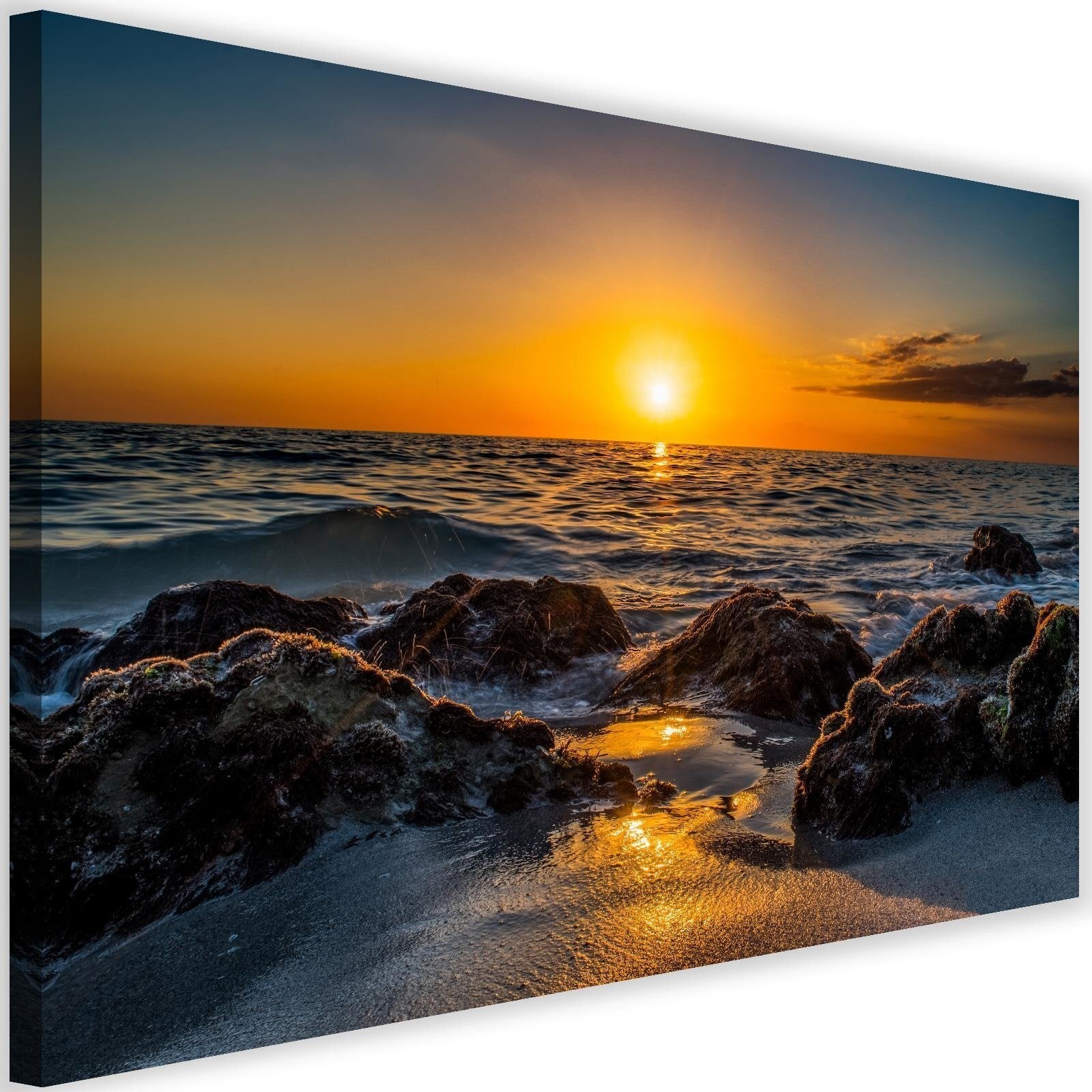 Obraz na płótnie, Kamieniista plaża zachód słońca 60x40
