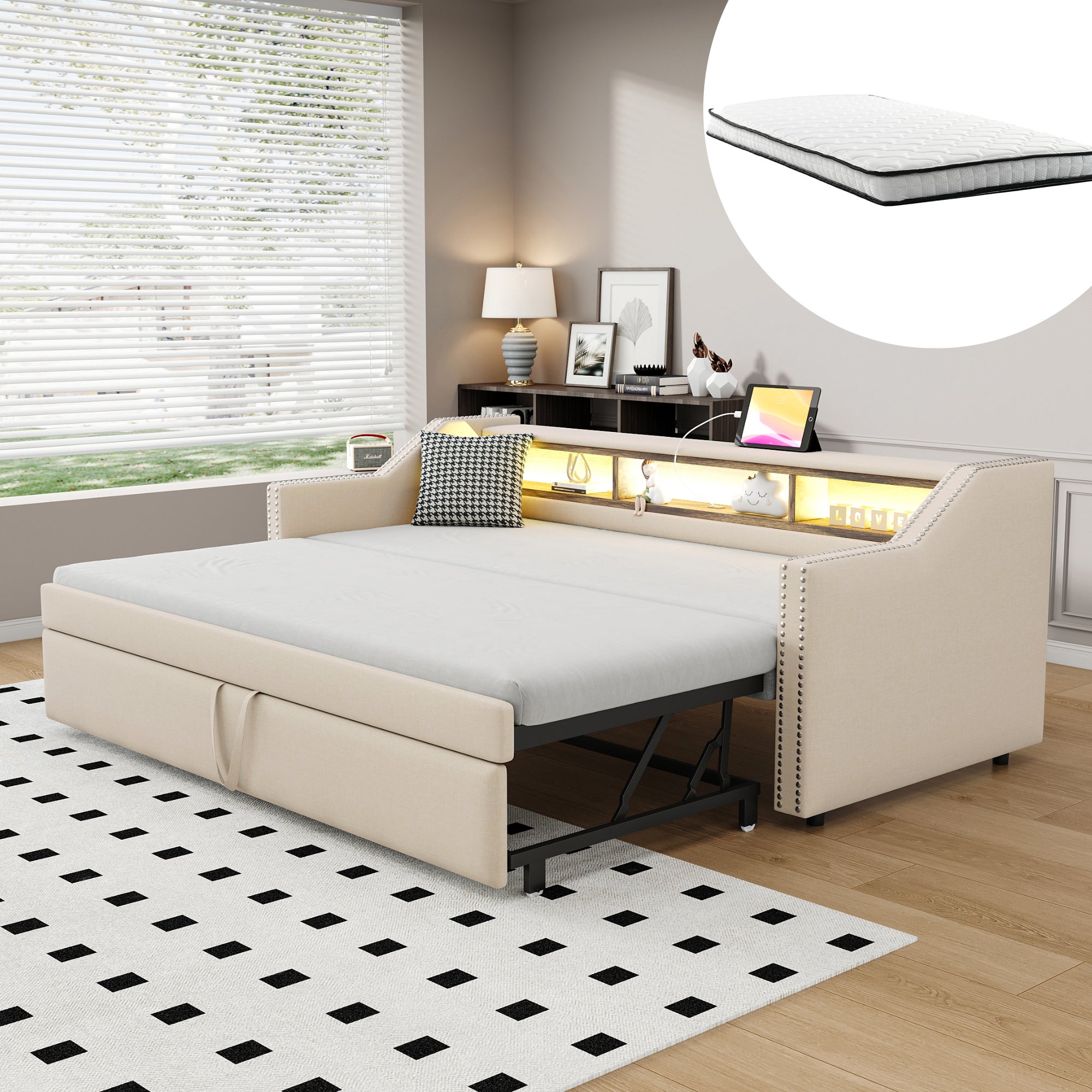 Łóżko tapicerowane rozkładana sofa 90/180 x 190 cm, wielofunkcyjny schowek, oświetlenie LED i gniazdo USB, z ramą z listew