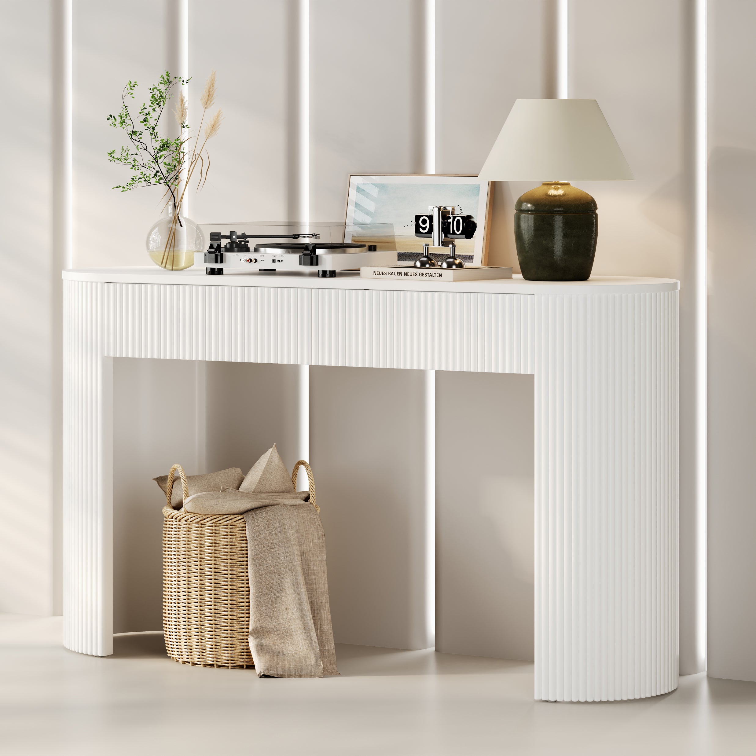 Stół konsolowy 120x33x76cm - z 2 szufladami - Zaokrąglone rogi - MDF - Biały