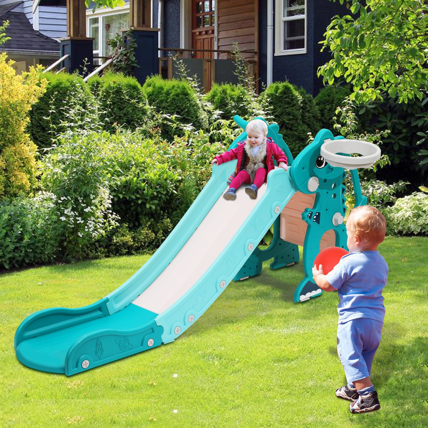 Toboggan pour enfants Basketball Pliable 4 en 1 Mini toboggan extérieur Toboggan de jardin - 7