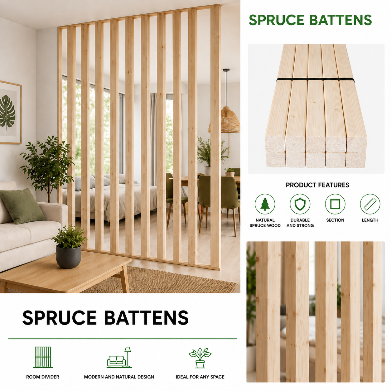 Lot de 10 unités de baguettes en bois de sapin de 45 x 45 x 2200 mm - 2