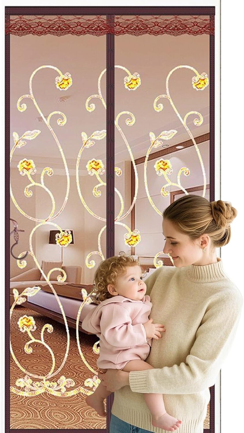 Magnetyczna siatka na drzwi przesuwne szklane, zamykanie bez użycia rąk, wpuszcza świeże powietrze, kompatybilna ze zwierzętami (Coffee, W85*H200cm)