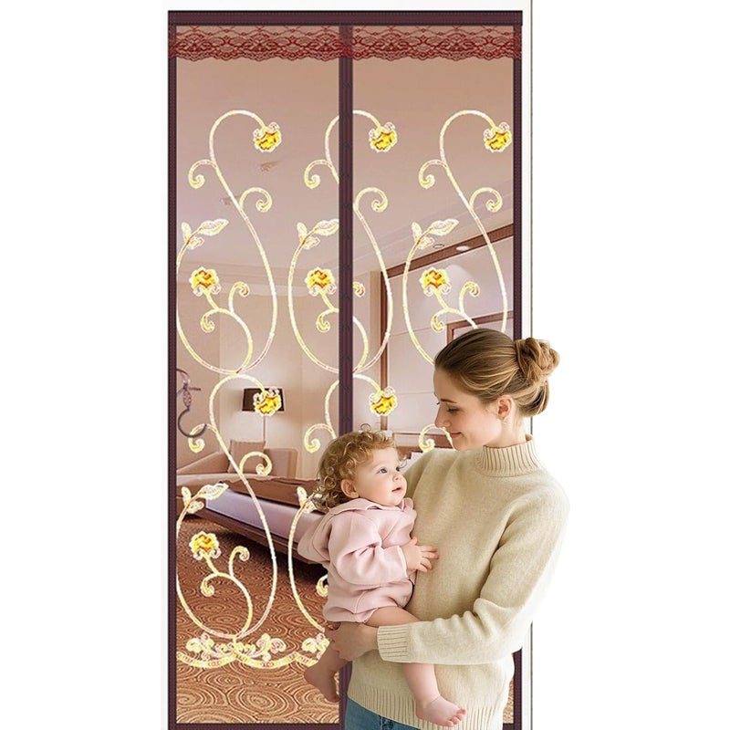 Magnetyczna siatka na drzwi przesuwne szklane, zamykanie bez użycia rąk, wpuszcza świeże powietrze, kompatybilna ze zwierzętami (Coffee, W85*H200cm)