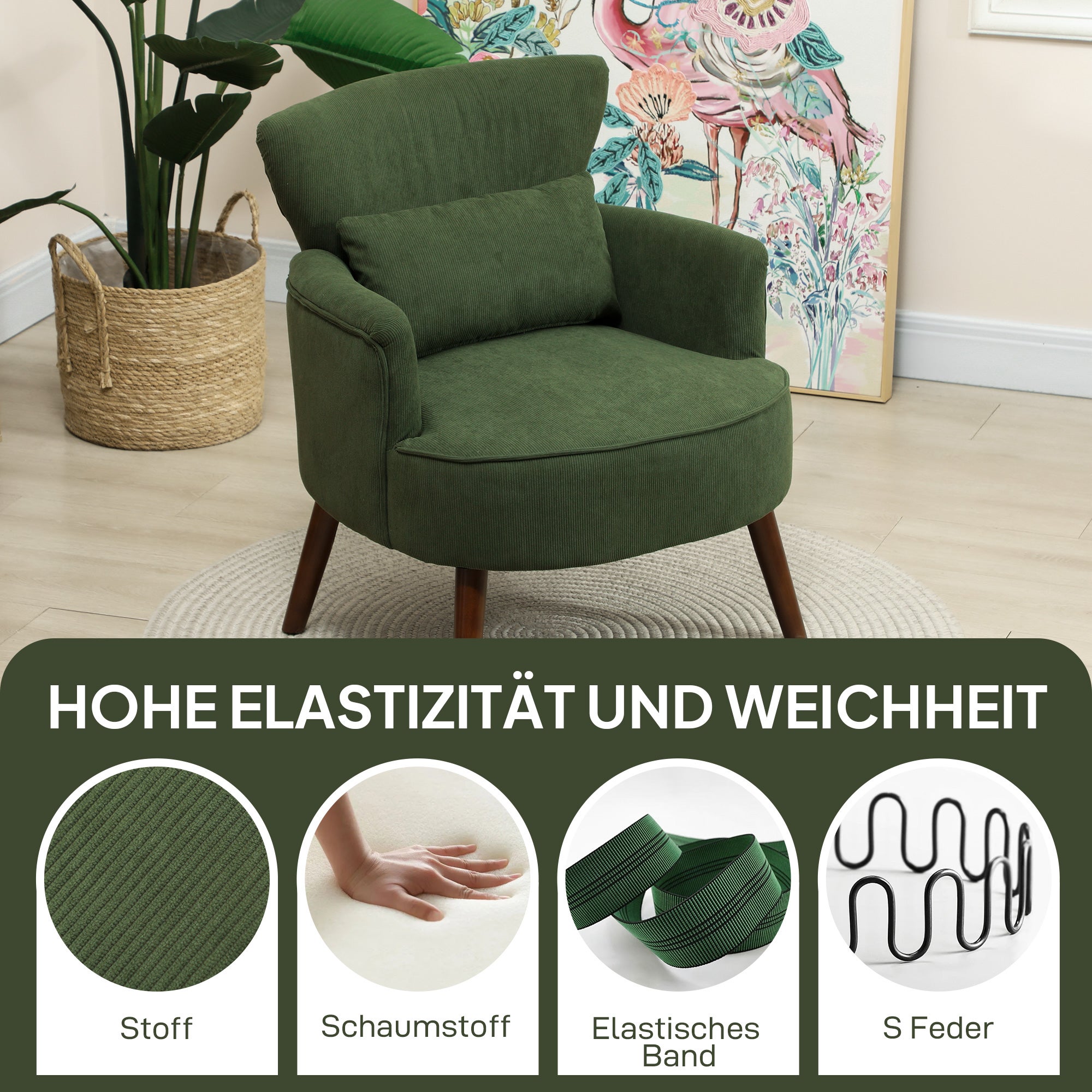 Fauteuil Moderne, Coussin Lombaire, Vert - 6