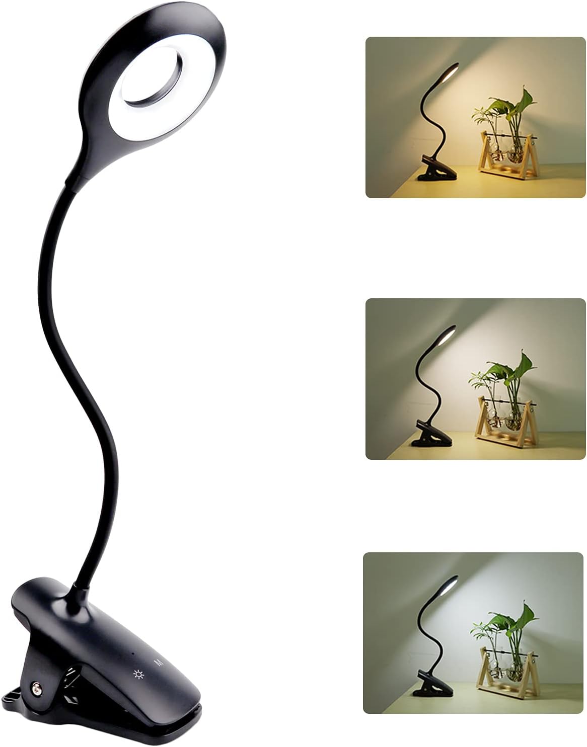 Bezprzewodowa lampka nocna LED z funkcją ładowania dotykowego i klipsem, 3 kolory i 3 poziomy intensywności, mała lampka do czytania w łóżku, czarna