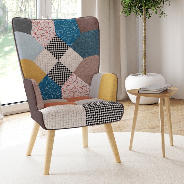Fauteuil scandinave IVAR en tissu patchwork multicouleurs