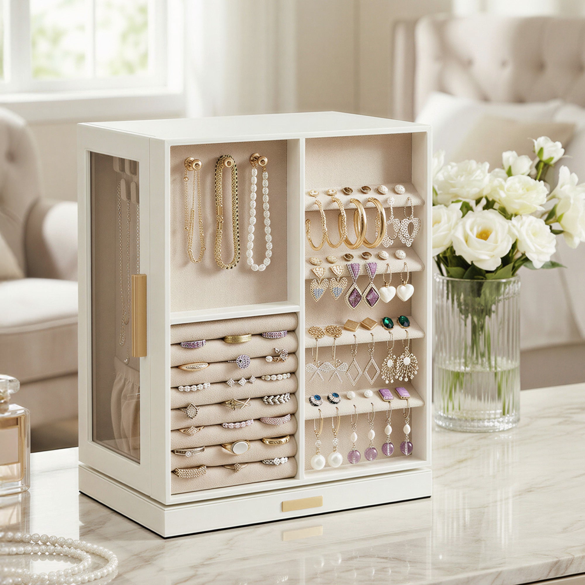 Boîte à Bijoux Rotative à 360°, Coffret de Rangement avec 5 Tiroirs, Fenêtre en Verre, Spacieux, Idée Cadeau, Blanc - 2