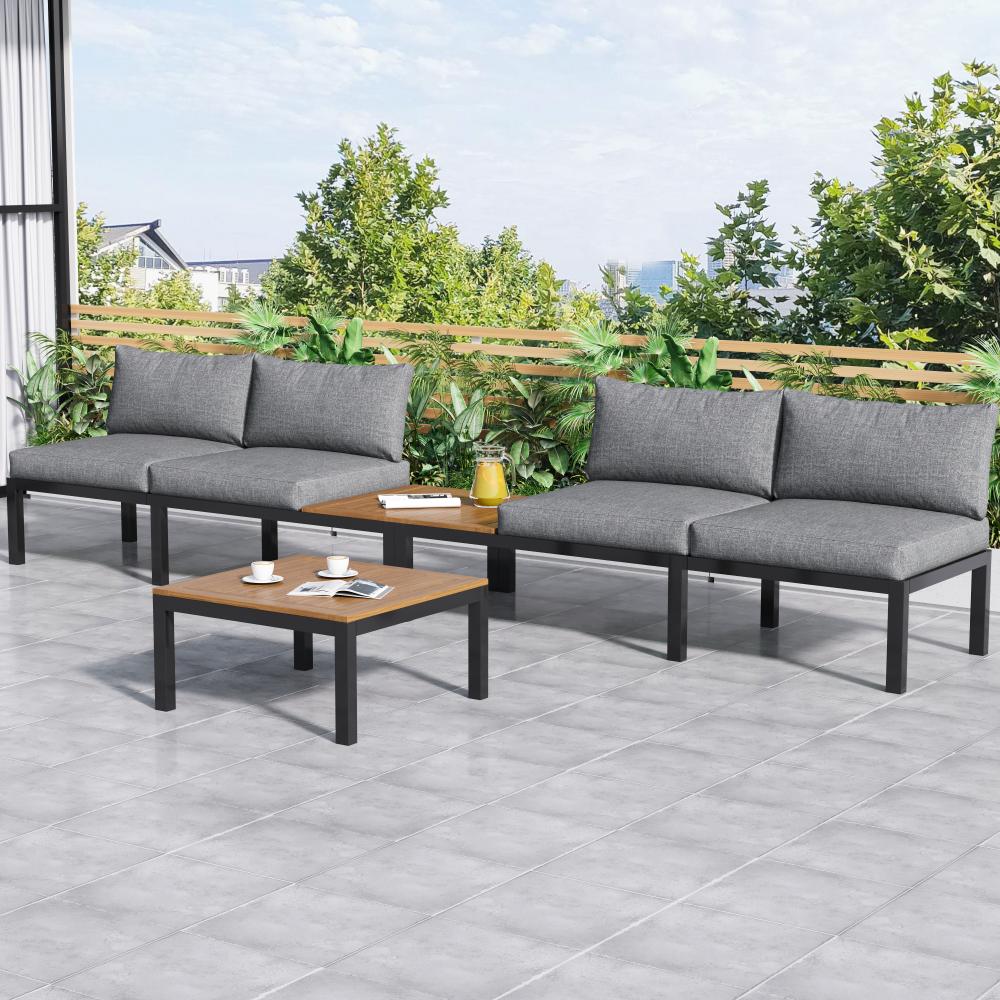 Ensemble Lounge de Jardin avec Structure en Acier Galvanisé, 2 Canapés 2 Places, 2 Tables Basses, 1 Table, Plateau en Bois d'Acacia - 4