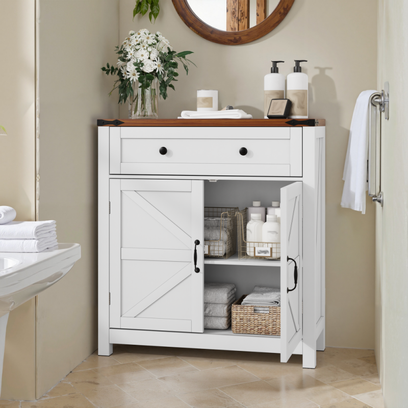 Aparador blanco estilo rústico con cajones y estantes ajustables, encimera efecto nogal, mueble moderno para cocina y comedor