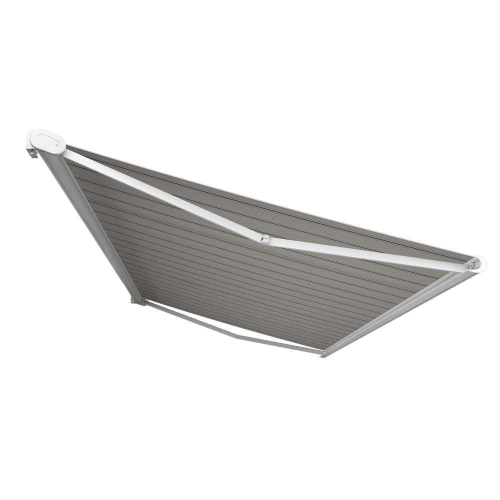 Store banne Coffre intégral PROTECT 2 LED SMART Blanc 5x3,5m Motorisé à télécommande + Capteur Vent + LED - Toile Grise Rayée - 3