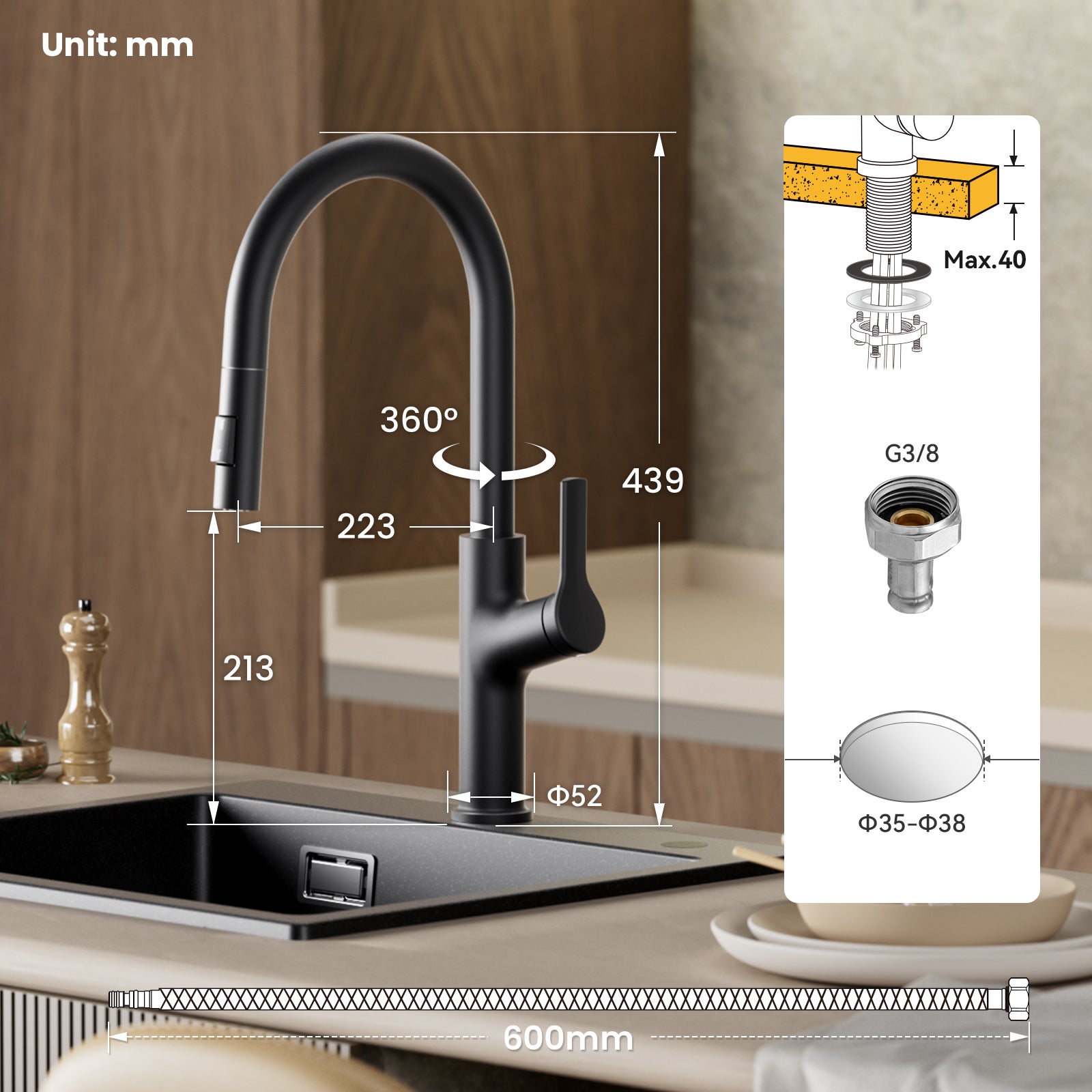 Cecipa max Mitigeur Cuisine avec Douchette Extractible Rotatif à 360°Robinet Cuisine avec 2 Modes de Pulvérisation Robinet Evier Inoxydable Noir - 7