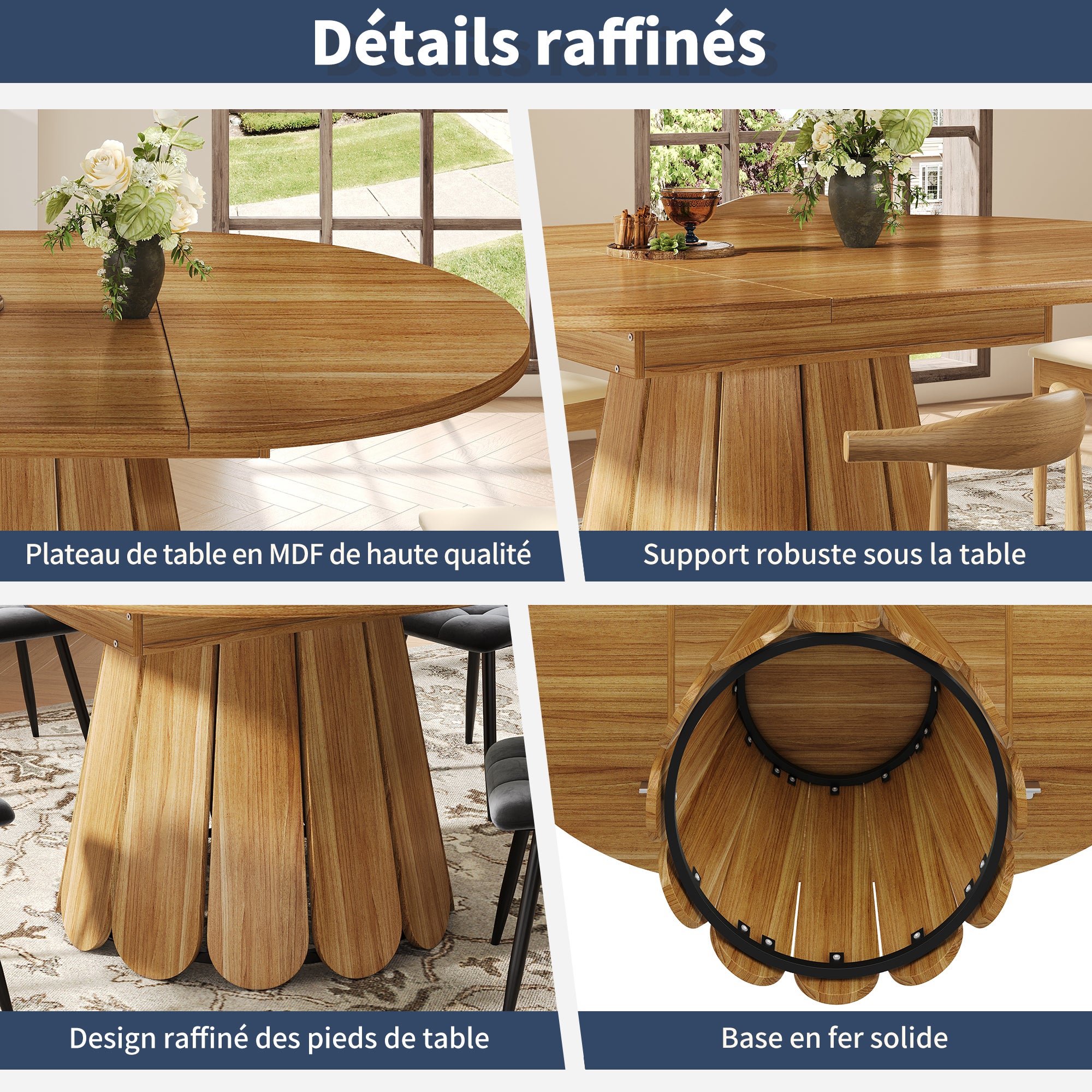 Table a Manger Extensible ronde en ovale, Table de cuisine jusqu'à 6 couverts, Pour Balcon et Salon, Marron(118×118~158×76,8cm) - 3