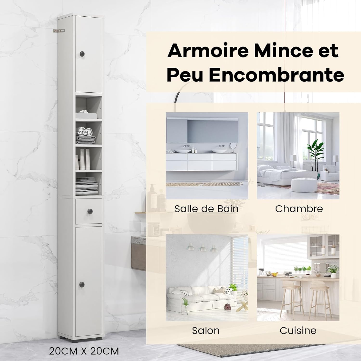 Meuble Colonne Salle de Bain, Meuble de Rangement avec 2 Placards à Porte, 1 Tiroir et 5 Étagères Réglables, 20 x 20 x 180 cm, Blanc Cérusé - 8