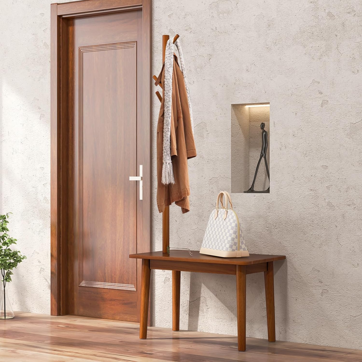 Porte-Manteau Bois avec Banc, Porte Manteau d'Entrée avec Table d'Appoint, 4 Crochets Arrondis, en Bois, pour Chapeau - 6