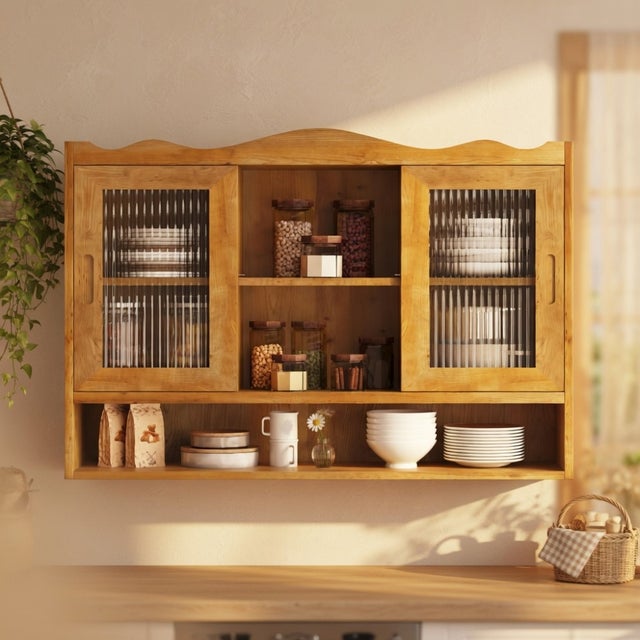 Armoire coulissante rétro 2 portes 3 étagères naturel 90 cm pour salle de bain cuisine salle à manger