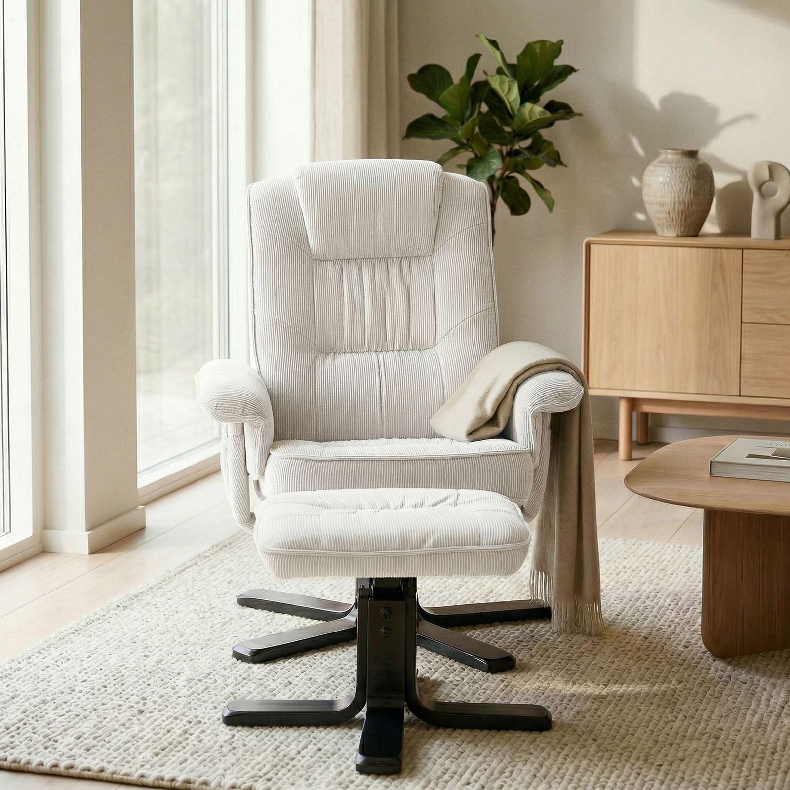 Fauteuil de relaxation avec repose-pieds CHARLY, en velours côtelé blanc/noir - 3