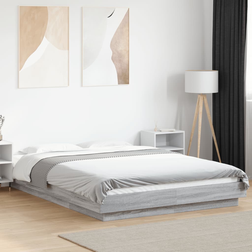 Łóżko Szare Rama Łóżka Ze Stelażem Do Sypialni Pokoju LED 140x190 cm