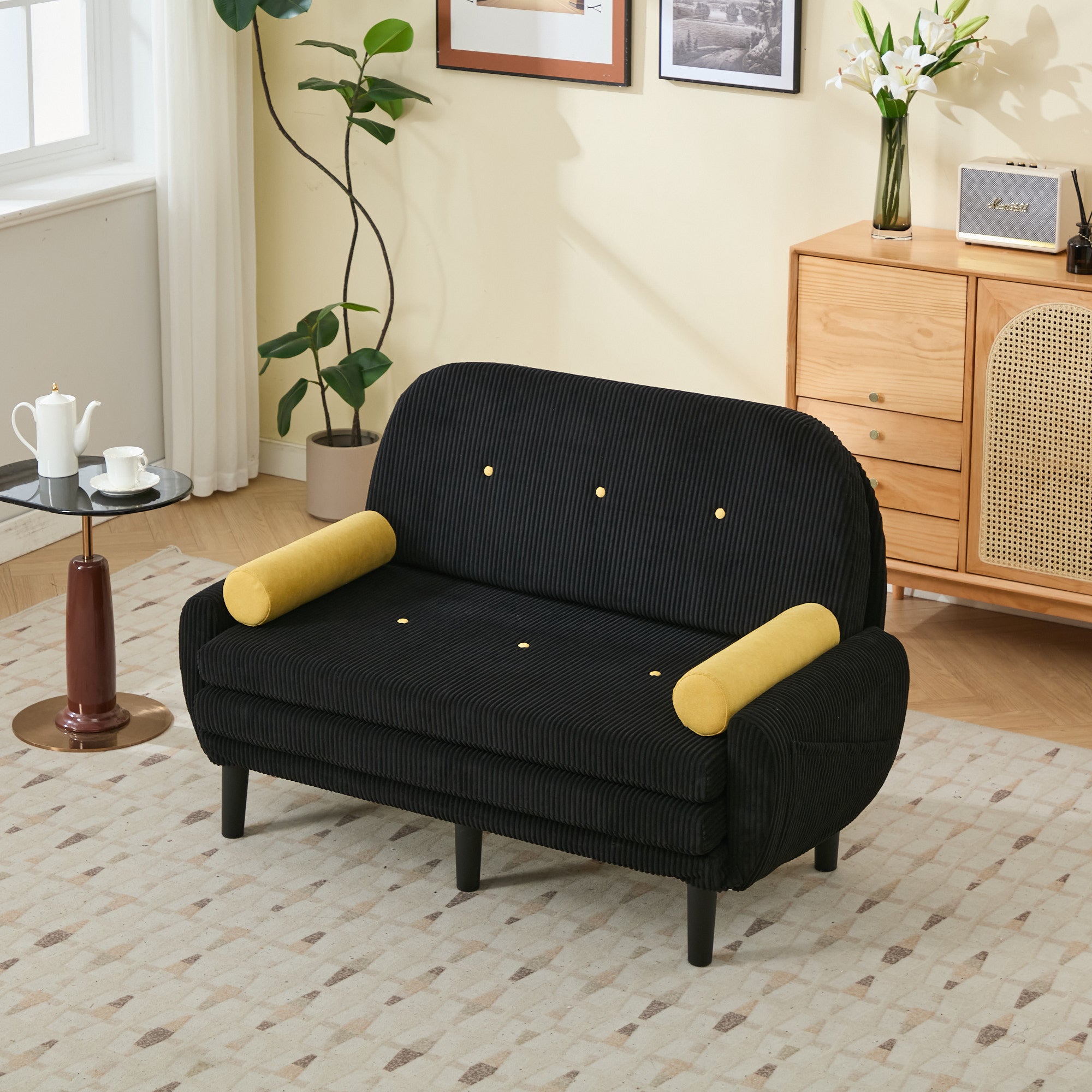 Canapé Causeuse 133x77x85 cm Transformable en Lit et Fauteuil Inclinable avec Rangement - Velours Côtelé Noir - Multifonction pour Salon - 6