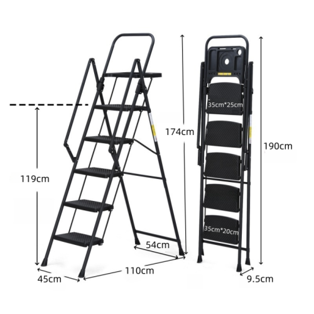 Escabeau 5 marches acier robuste avec main courante, pédales larges antidérapantes, 150 kg, pliant cuisine maison - 2
