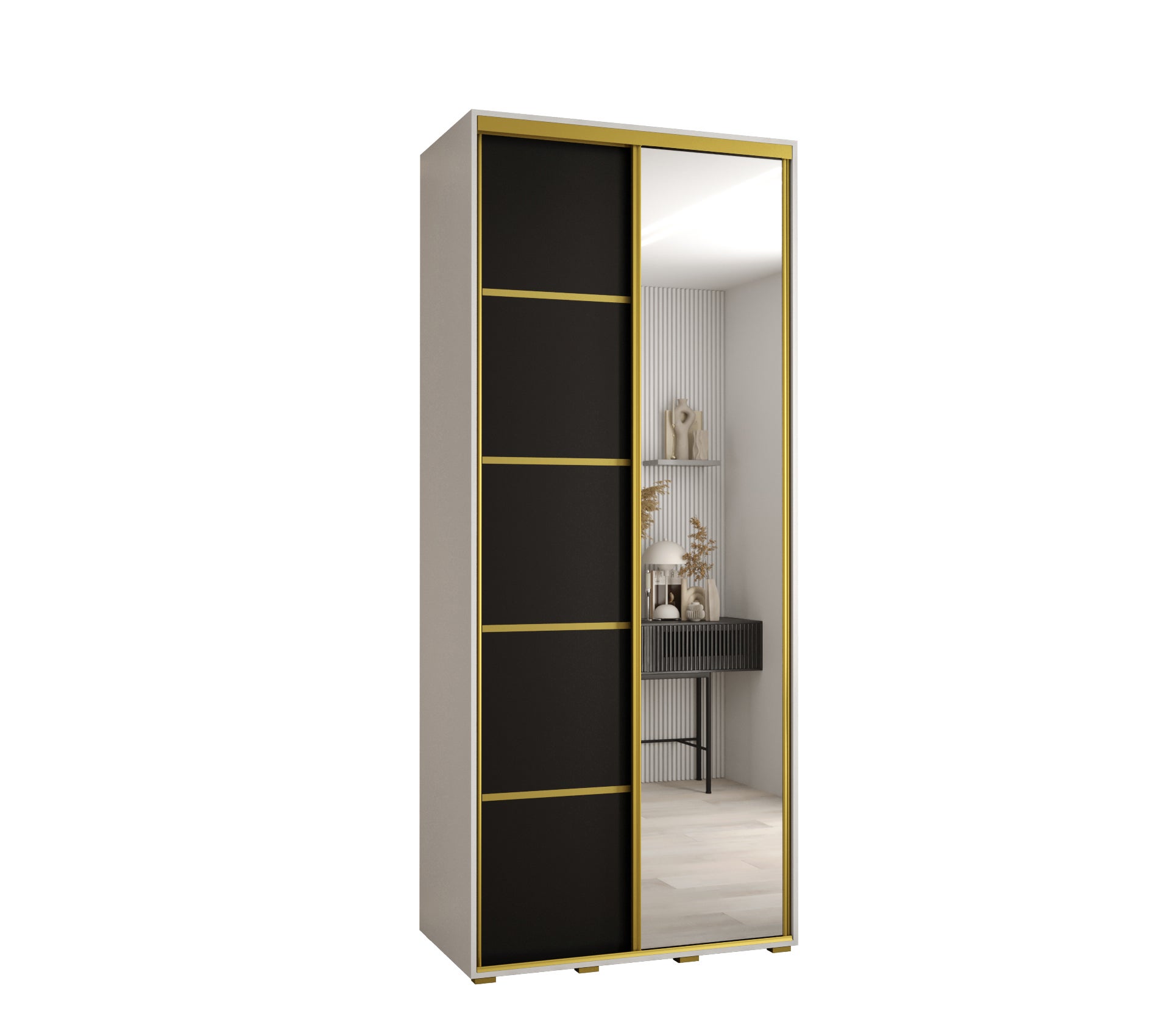 Szafa przesuwna z lustrem wysoka Davos 5 120 x 60 x 235,2 cm biały + czarny + u. złoty - Abiks Meble