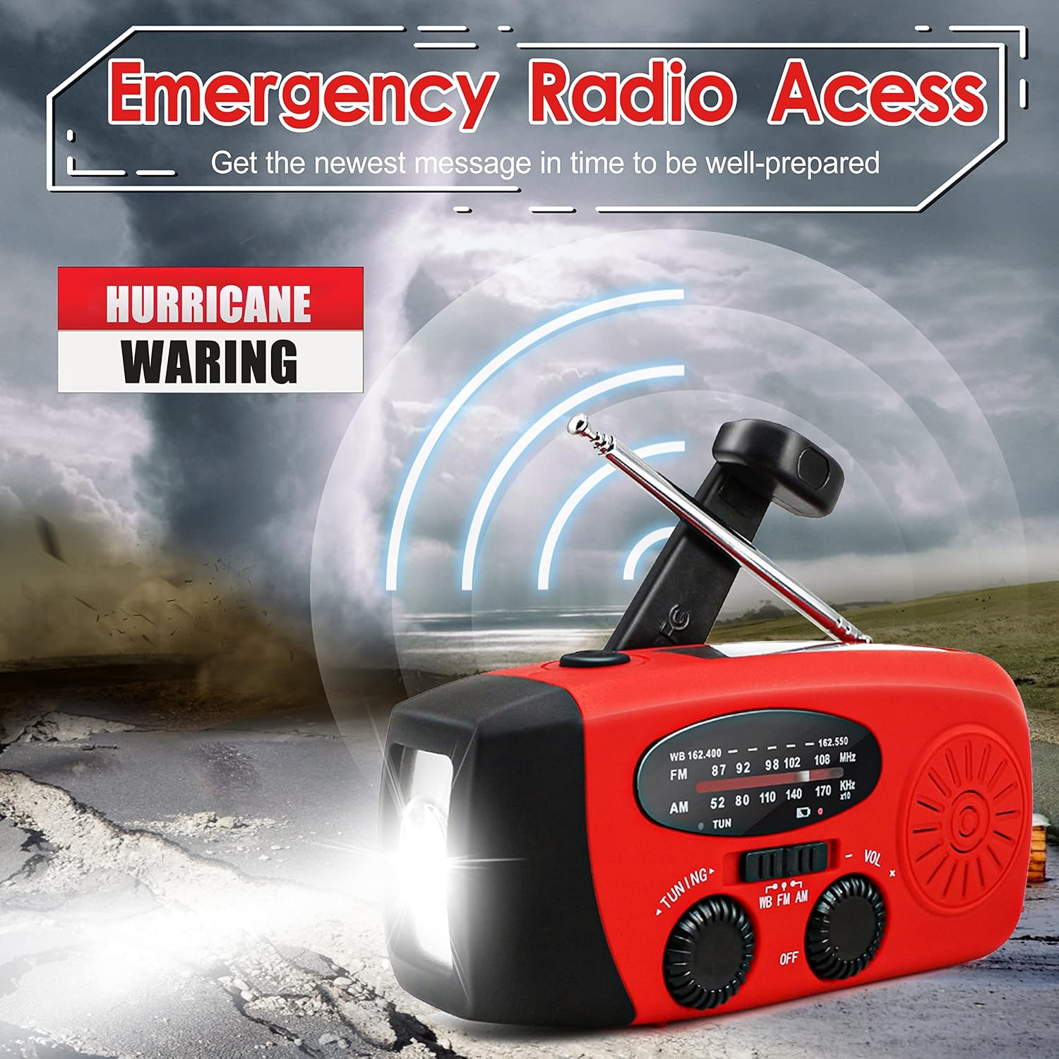 Rádio de emergência com manivela e lanterna, rádio meteorológico portátil AM/FM NOAA, bateria externa de 2000 mAh para áreas externas, camping - 4