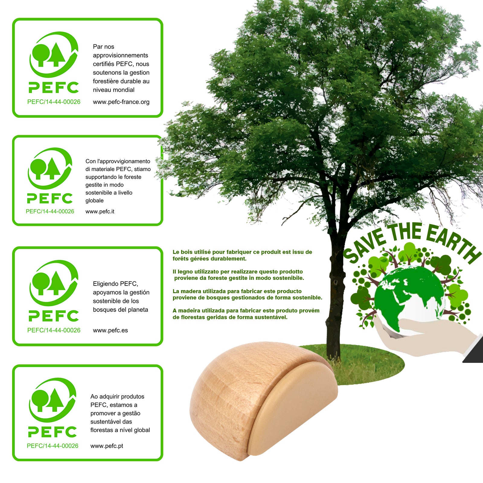 6 Un. Butée de porte adhésive en bois de hêtre naturel 47x38MM - 3