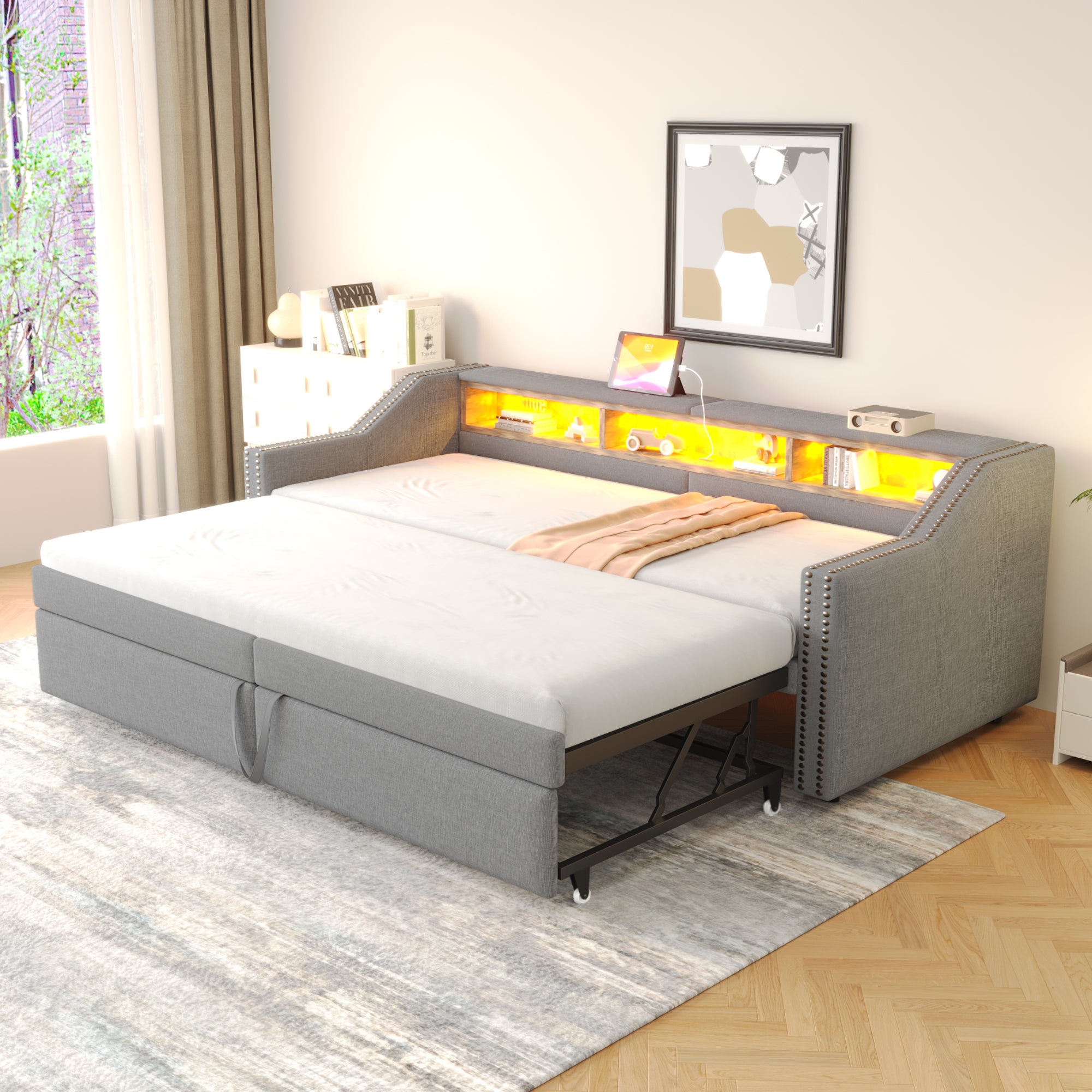 Sofa-lóżko rozkładane 90/180x200 cm, LED, USB, Lattenrost, Hellgrau
