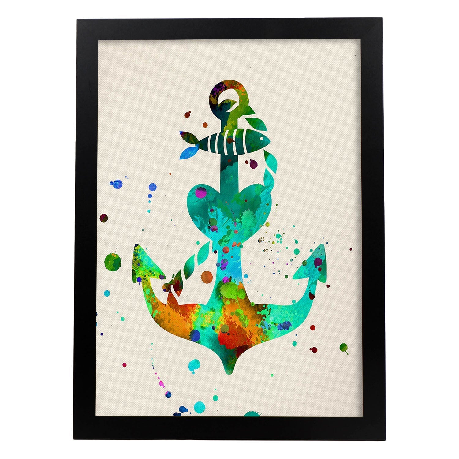 Posters de animales marinos con diseno acuarela. lamina ancla, impresa con textura acuarela, para marco madera clara - a3