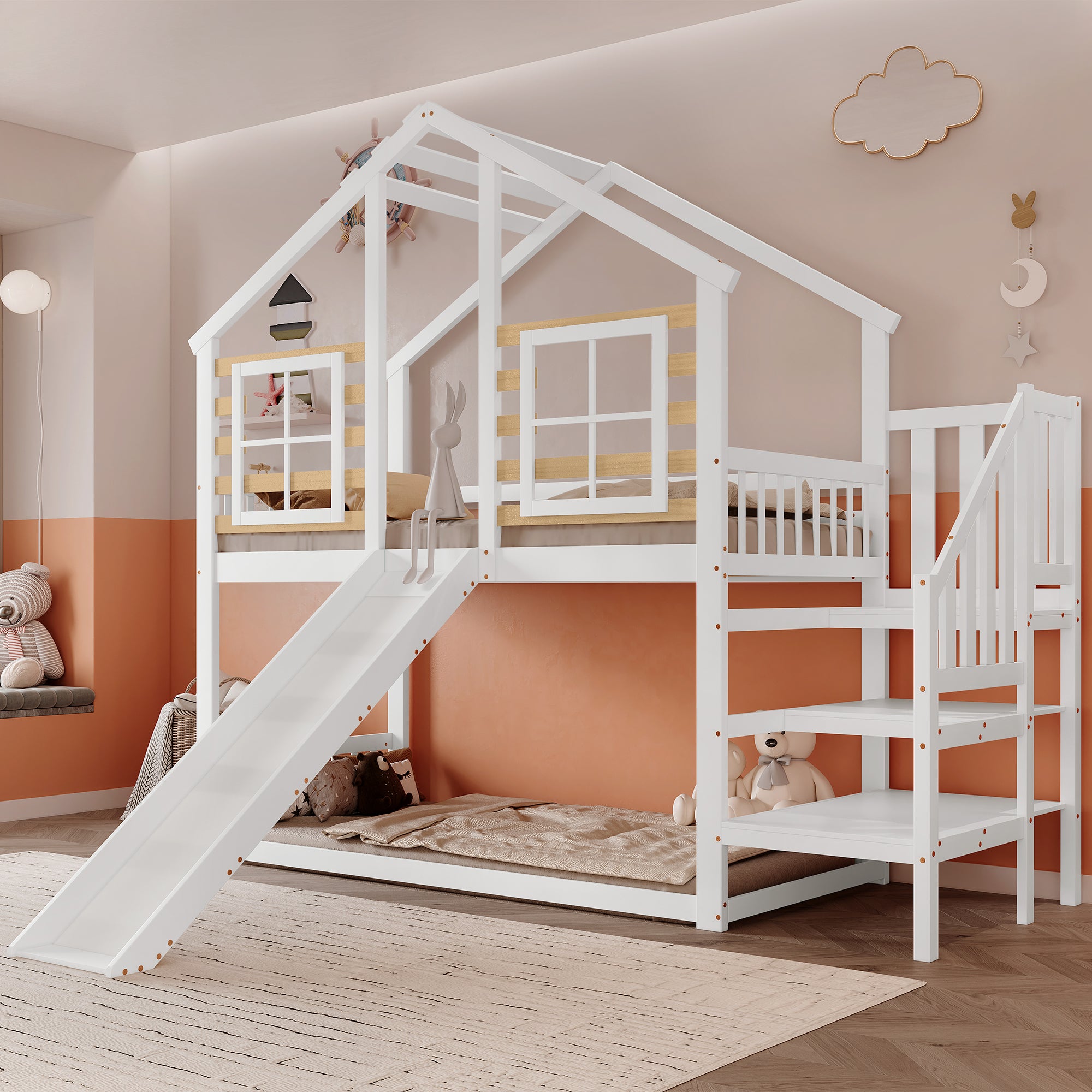 Lit superposés 2 x 90 x 200 cm avec escalier et toboggan - Bois massif et MDF - Blanc (sans matelas) - 3