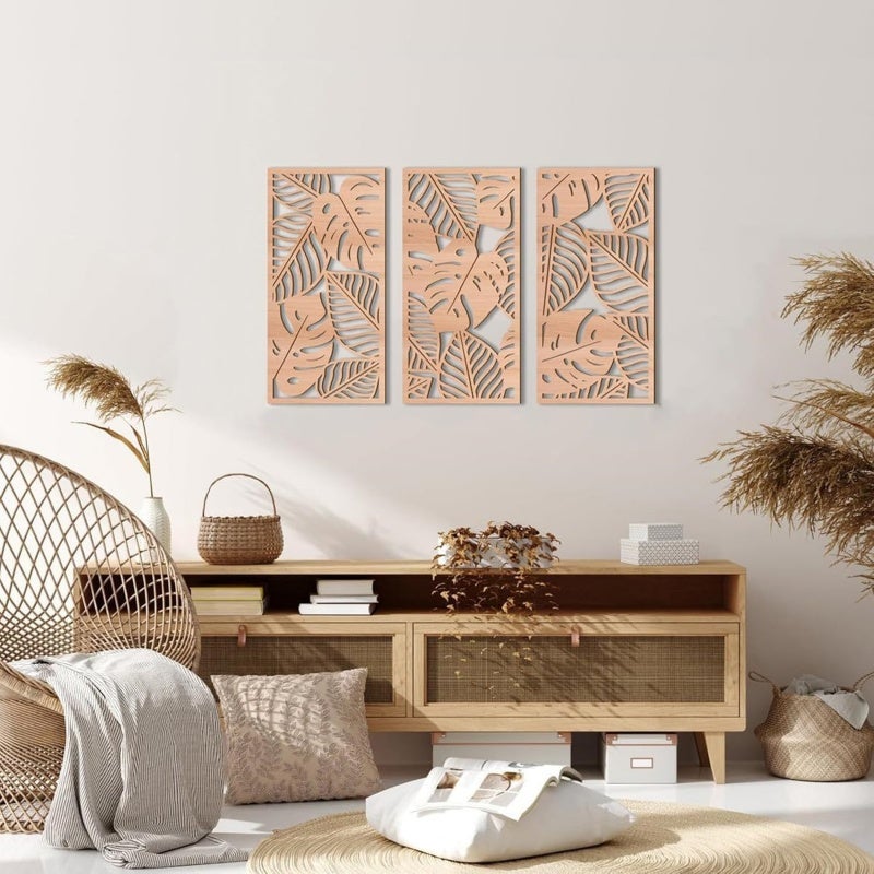 3 Pièces Sculpture Murale en Bois Naturel - Décor Mural Tropical Feuille de Monstera Style Boho Chic - Art Mural Moderne & Léger pour Salon, Chambre - 4