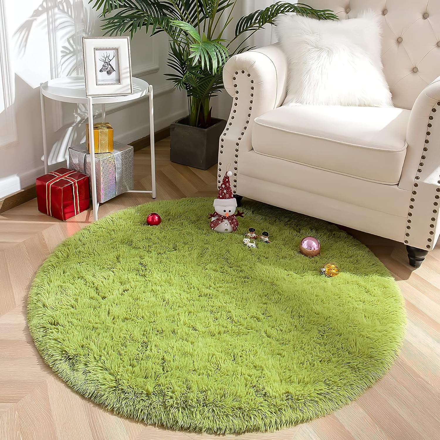 Tapis Rond 150 CM Vert Tapis Salon Lavable Antidérapant Ultra-Doux ...