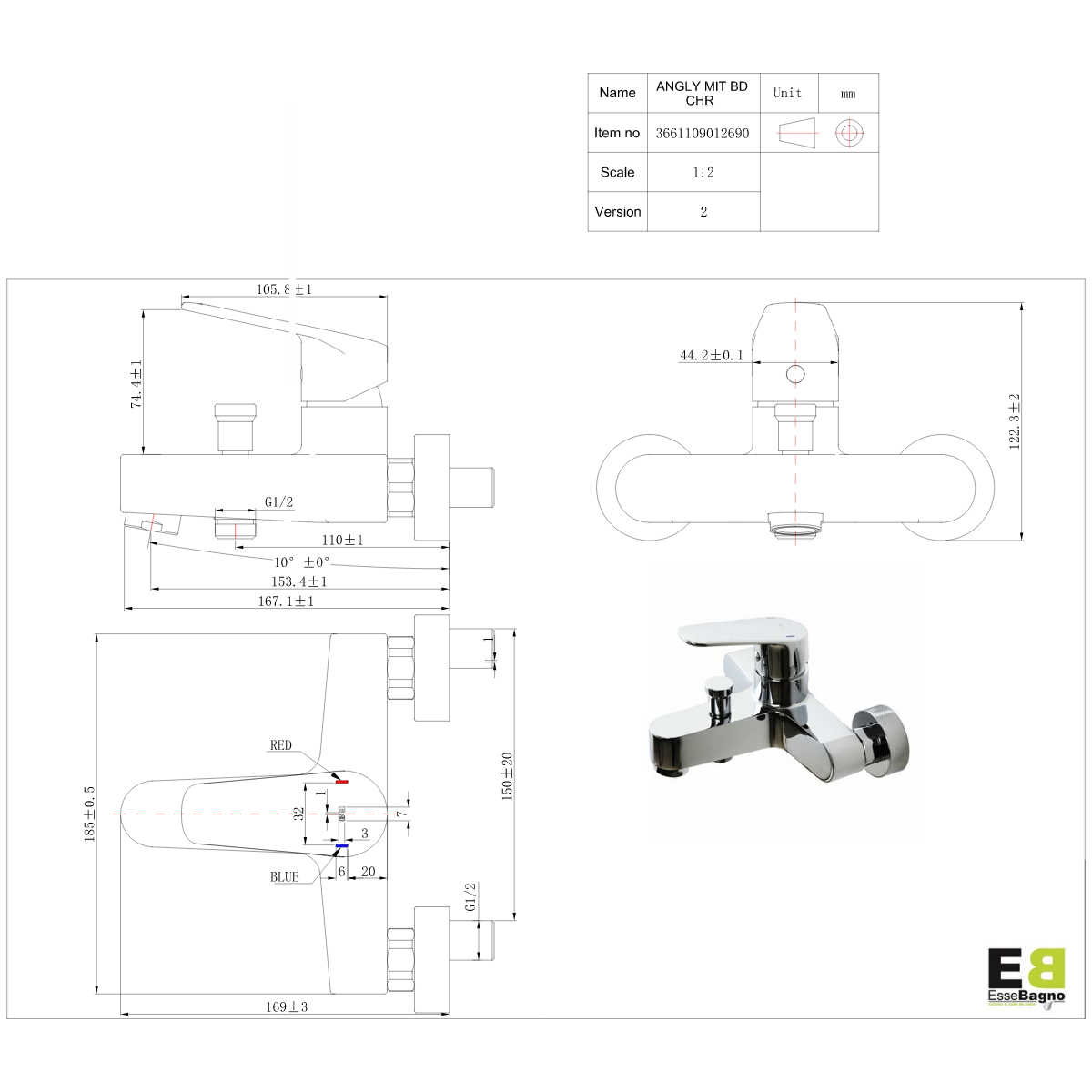 Angly mitigeur bain-douche mécanique chrome - 2