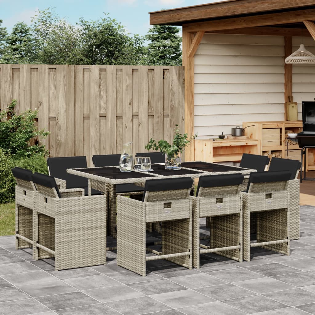 Ensemble De Jardin 11 Pièces VidaXL - Table + 6 Chaises Avec Accoudoirs + Coussins - Poly-rotin Gris