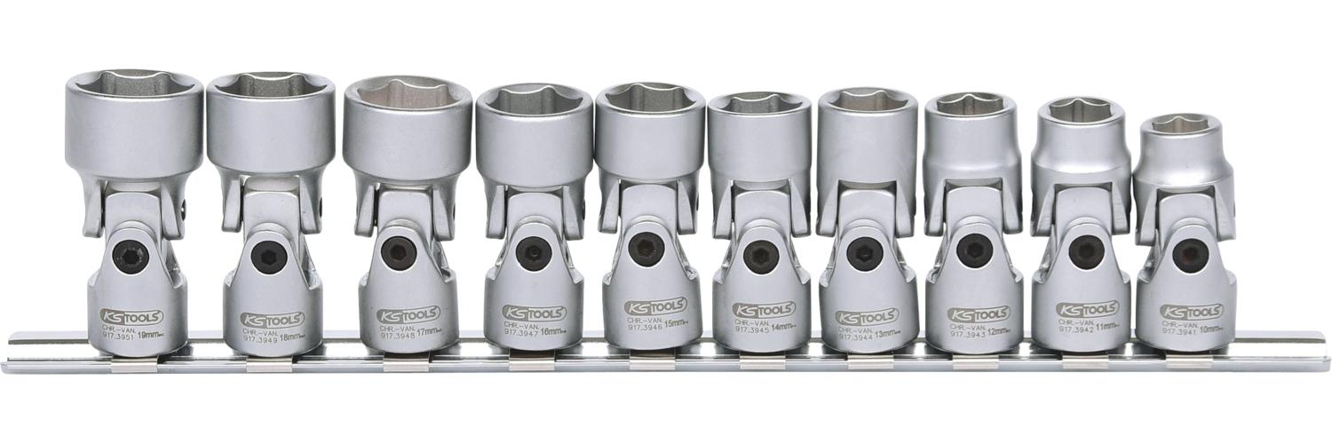 KS Tools 917.3940 Serie di Bussole Esagonali Classic con Snodo, 10 Pezzi, 10-19 mm, 3/8"